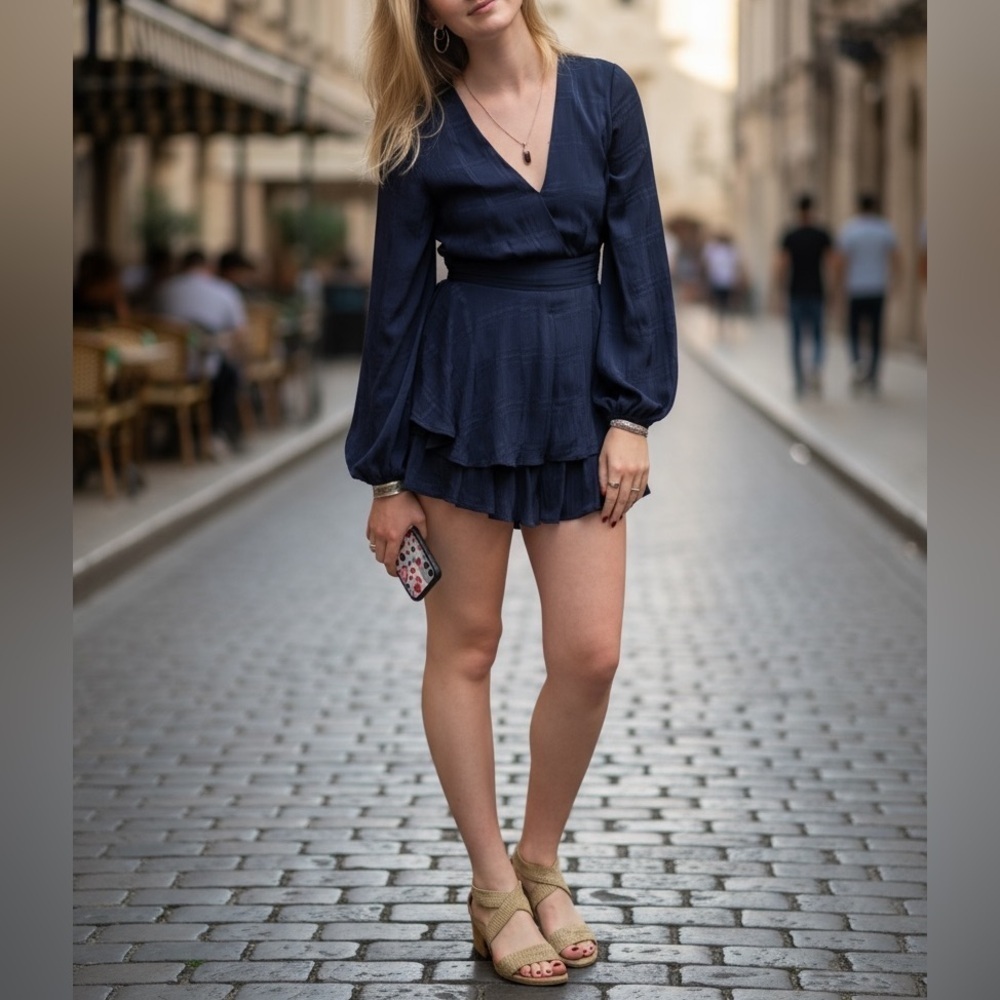 Polly Navy Blue Tiered Romper Long Balloon Sleeve Deep V Ruffle Bottom S